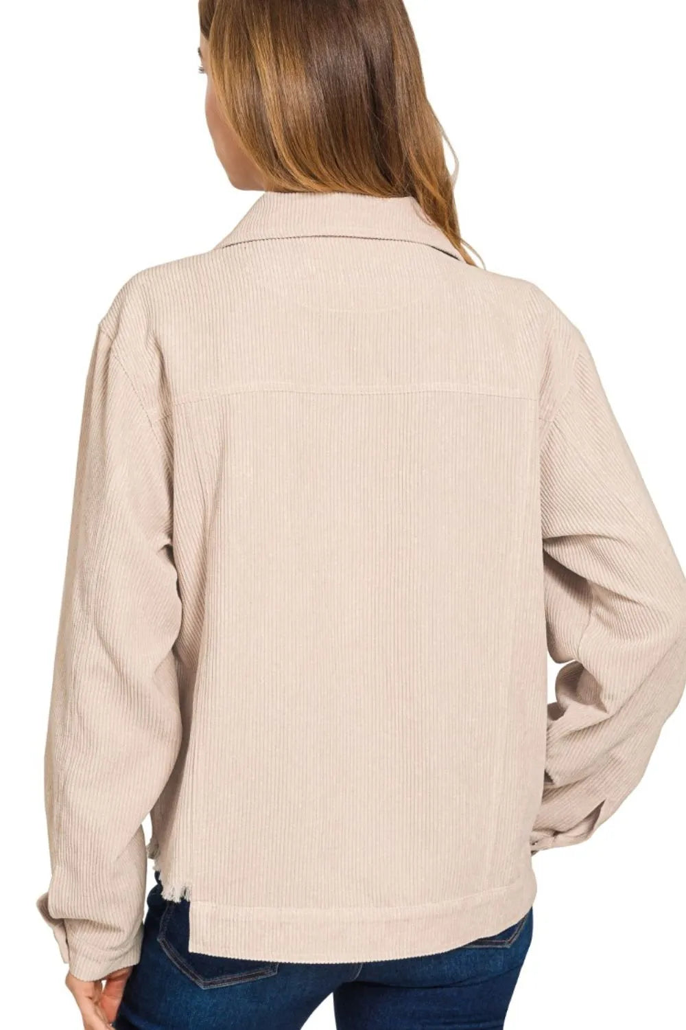 Zenana Sundown Corduroy Cropped Jacket in sand beige — back view