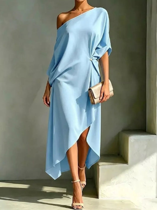 Aurelia One-Shoulder Asymmetric Midi Dress in sky blue — front view on model