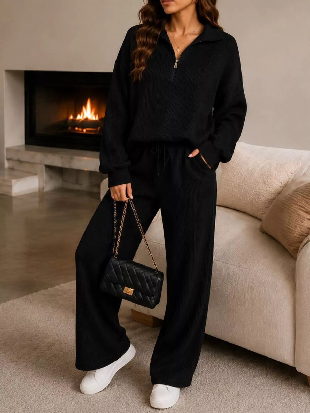 Back view of Willow ribbed quarter-zip lounge set