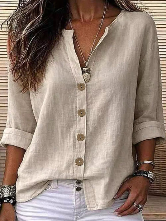 Meadow Notch-Collar Button Shirt in beige — front view on model