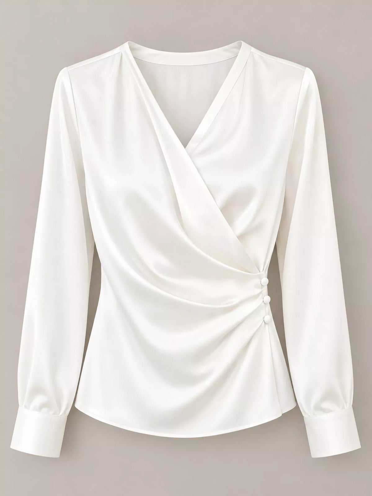 Celeste Satin Surplice Blouse in ivory — fabric detail