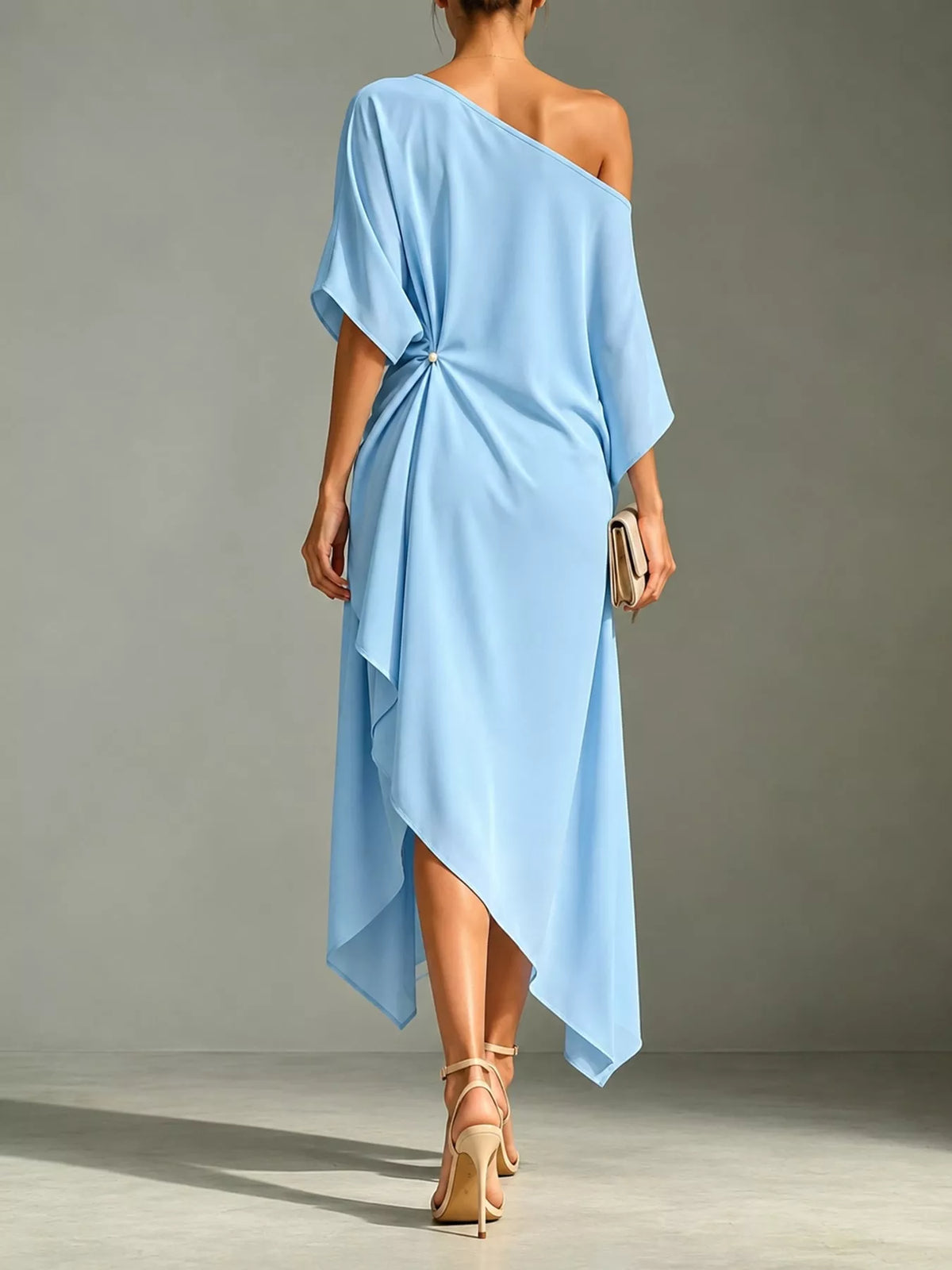 Aurelia One-Shoulder Asymmetric Midi Dress in sky blue — back view
