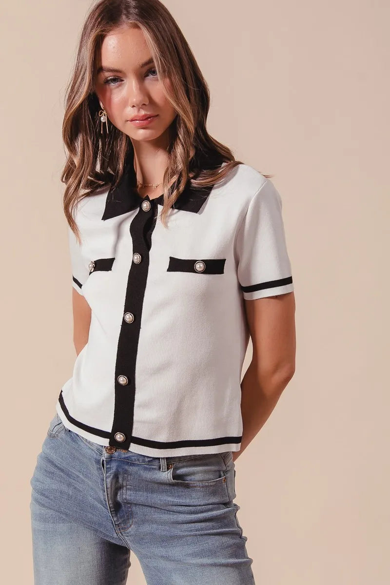SO ME Ivory Noir Knit Shirt Top in ivory and black — close-up detail