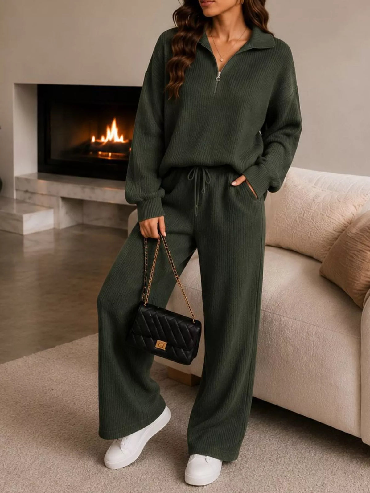Back view of Willow ribbed quarter-zip lounge set