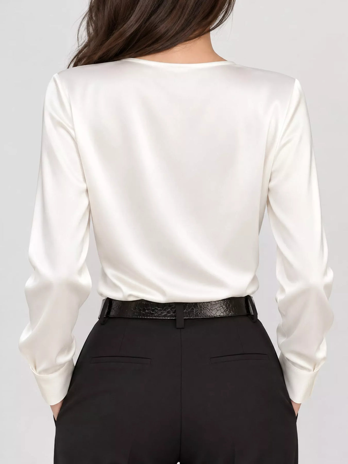 Celeste Satin Surplice Blouse in ivory — back view