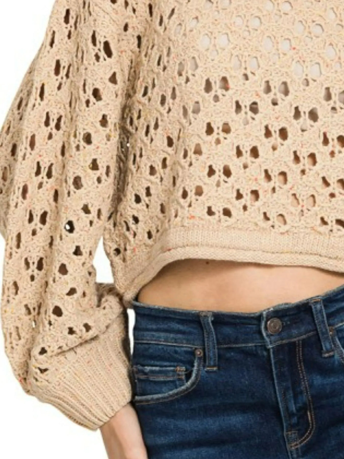 Zenana Wanderer Crochet Knit Sweater in light mocha — back view