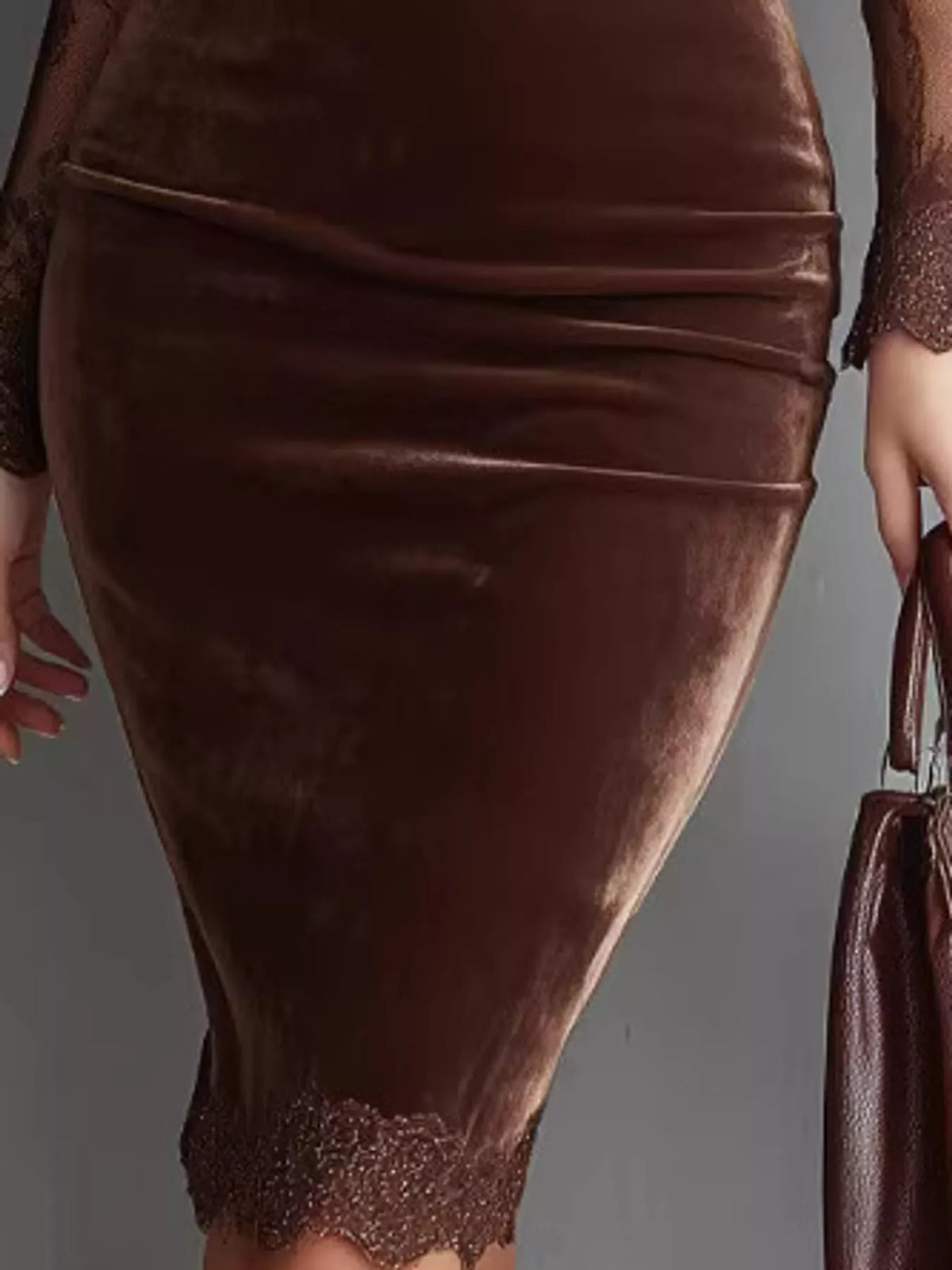 Luna Velvet Lace Bodycon Dress in brown — close-up detail