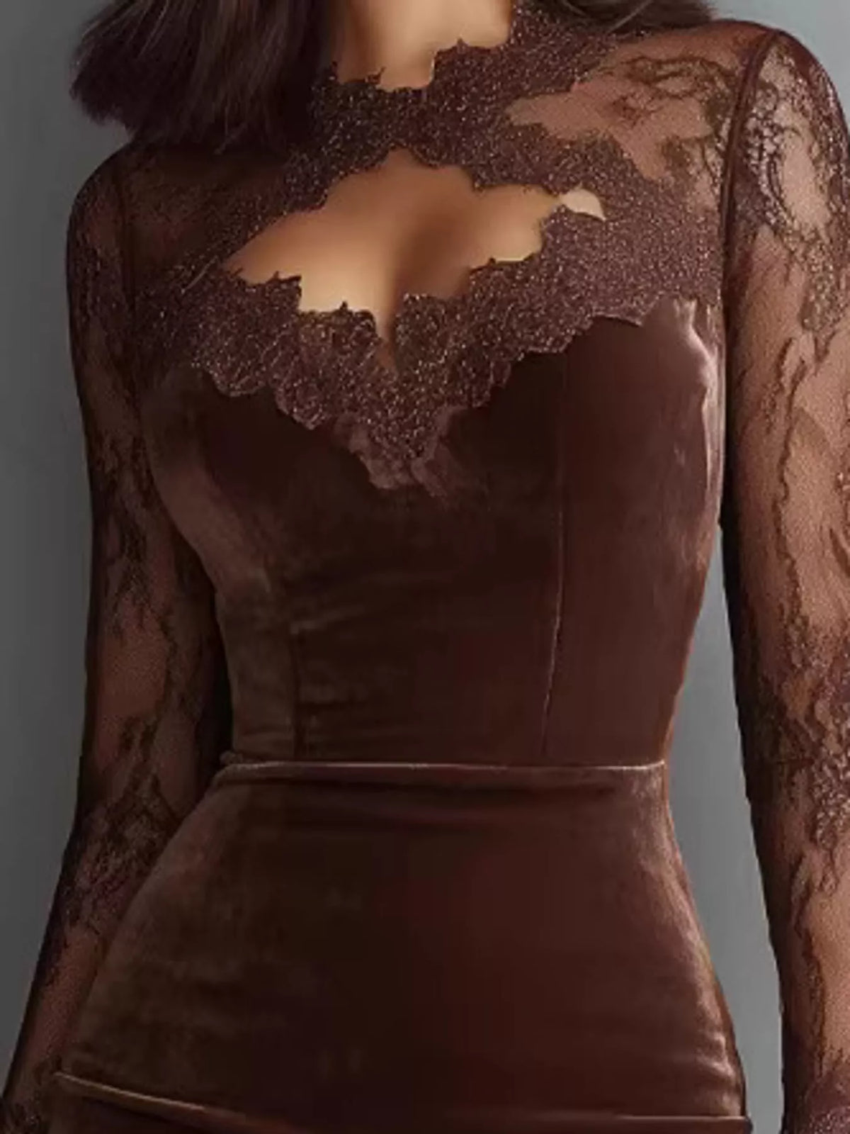Luna Velvet Lace Bodycon Dress in brown — side view