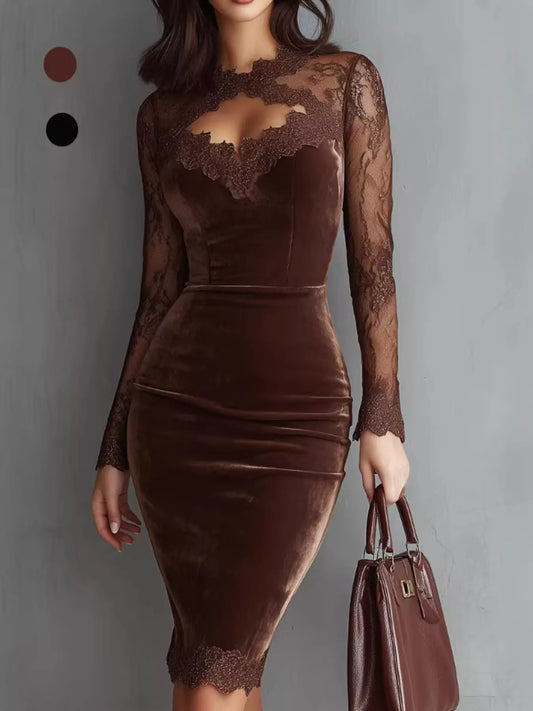 Luna Velvet Lace Bodycon Dress in brown — front view on model