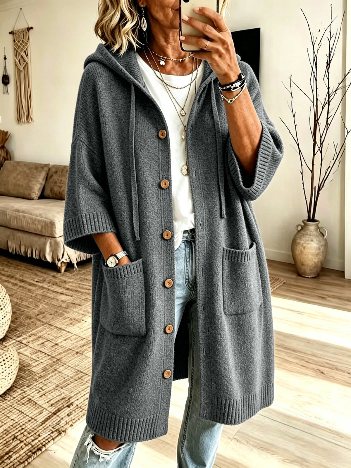 Goddess Cozy Hooded Knit Cardigan Coat - back view