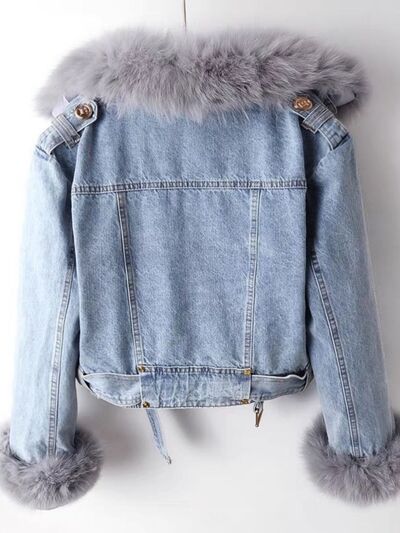 Opulent Faux Fur Collar Denim Jacket - back view