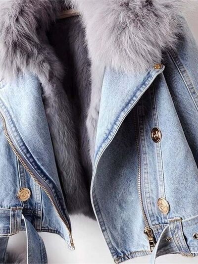 Opulent Faux Fur Collar Denim Jacket - detail close-up