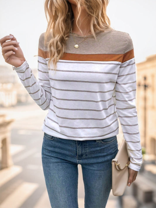 Riviera striped color-block long sleeve tee in cream rust, front view