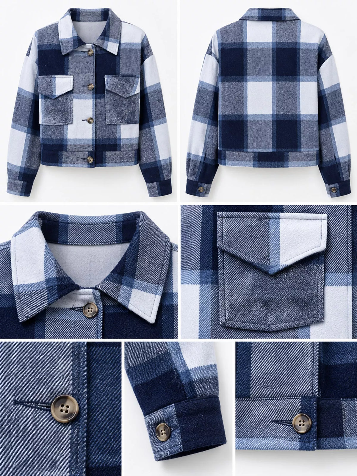 Highland Plaid Cropped Jacket in blue plaid — flat lay