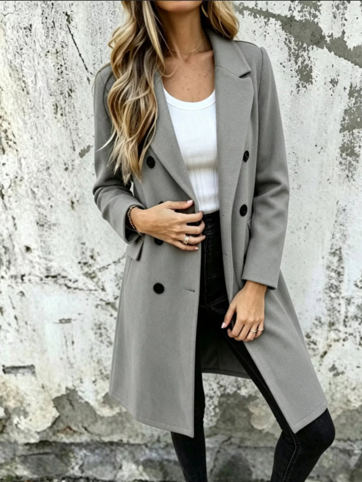 Sovereign coat — tailored knee-length silhouette, side view