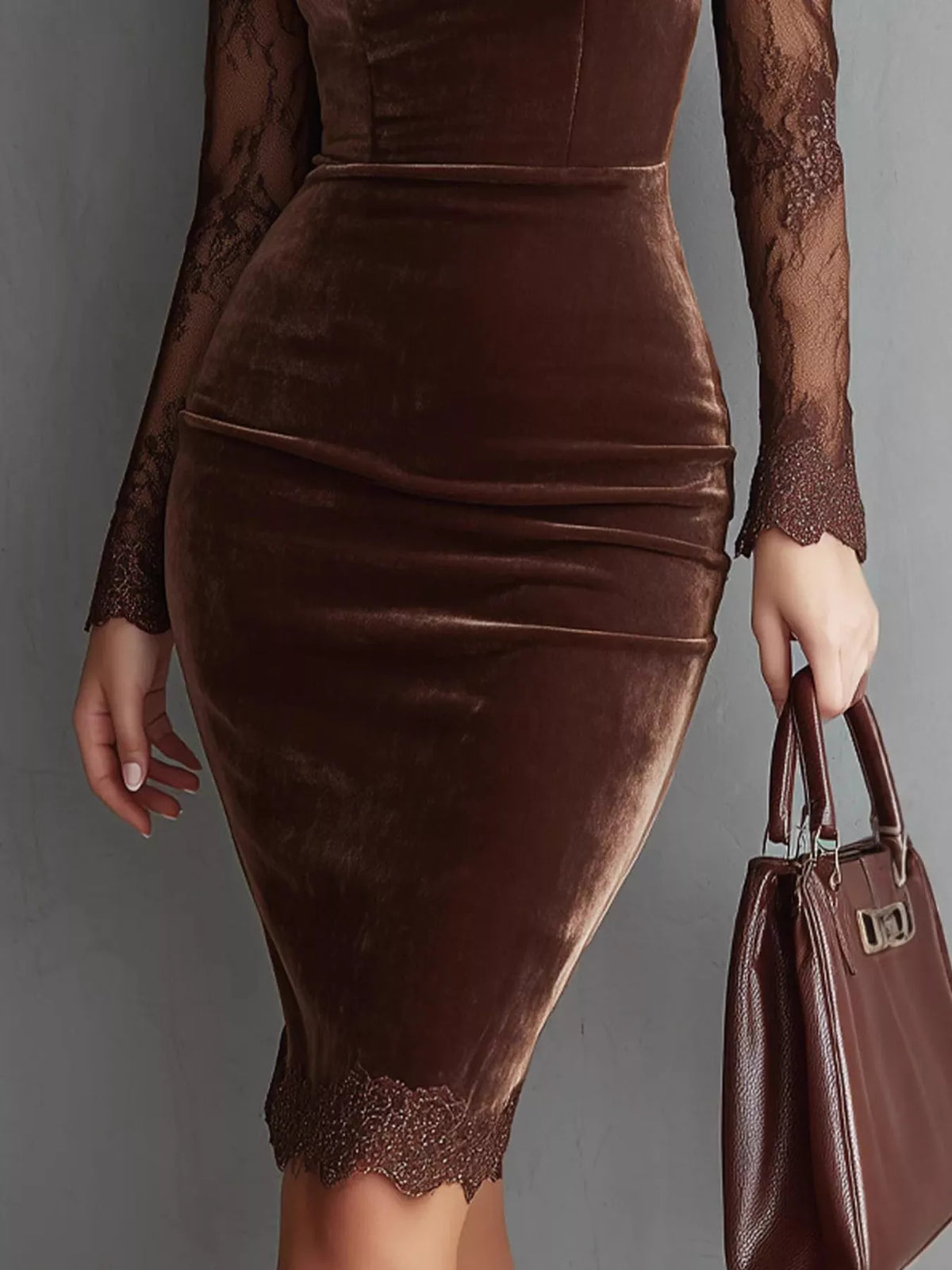 Luna Velvet Lace Bodycon Dress in brown — alternate angle