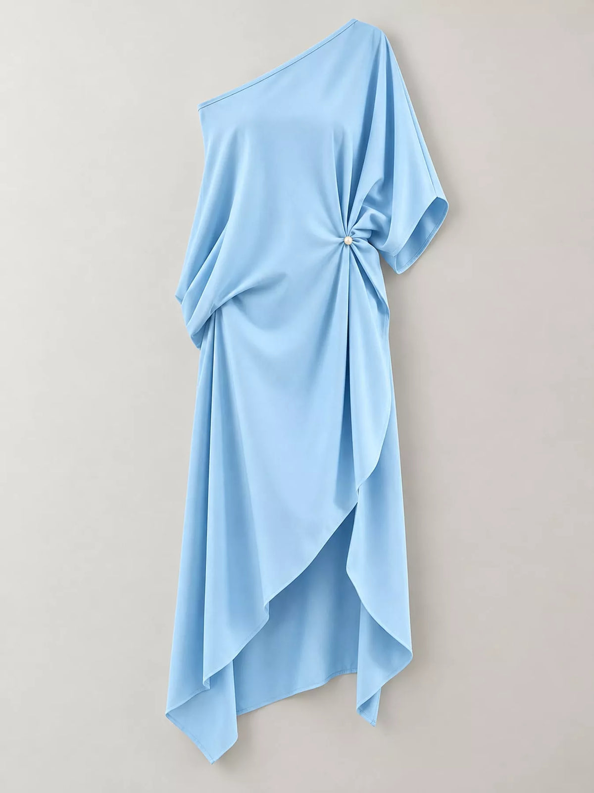 Aurelia One-Shoulder Asymmetric Midi Dress in sky blue — fabric detail