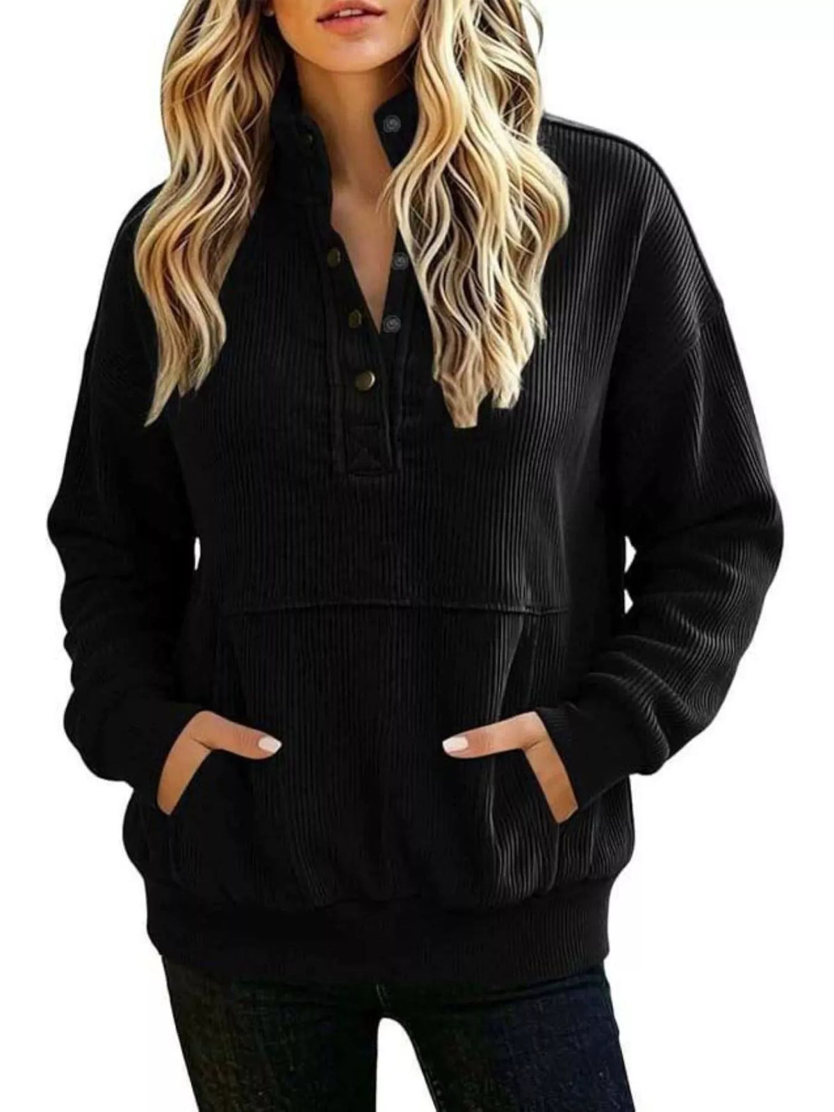 White ribbed quarter-snap sweatshirt — relaxed fit on model