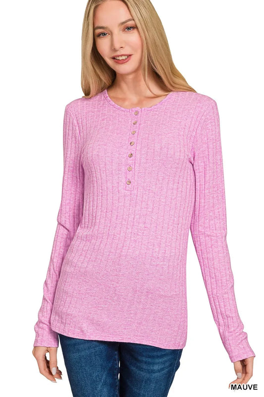 Zenana Mauve Ribbed Half-Button Top in mauve — front view on model