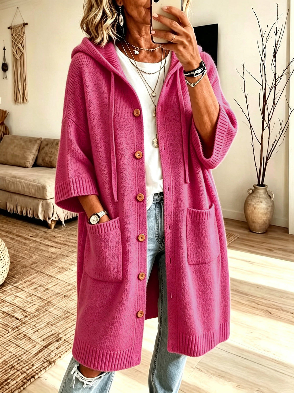 Goddess Cozy Hooded Knit Cardigan Coat - sleeve detail
