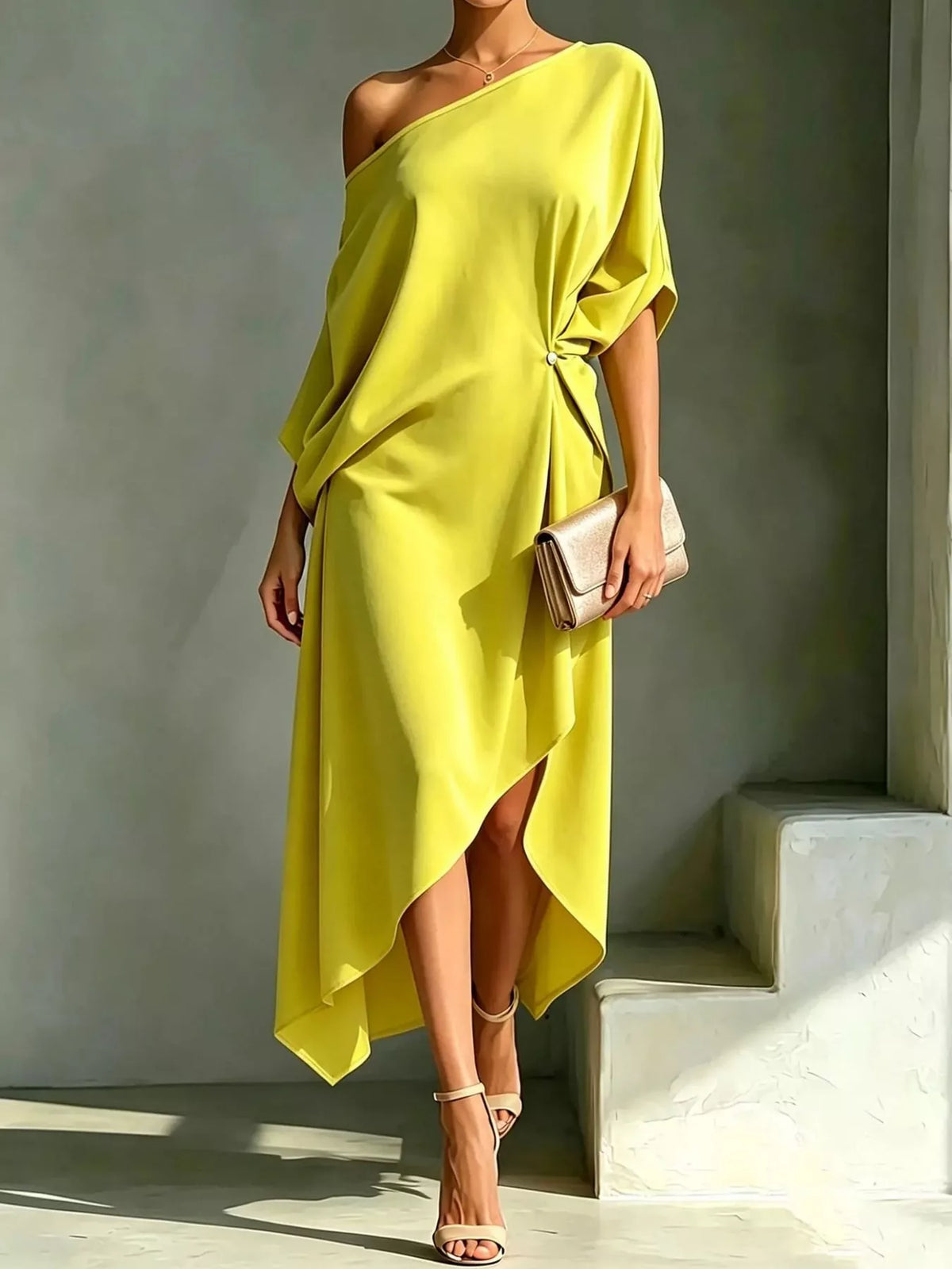 Aurelia One-Shoulder Asymmetric Midi Dress in sky blue — close-up detail