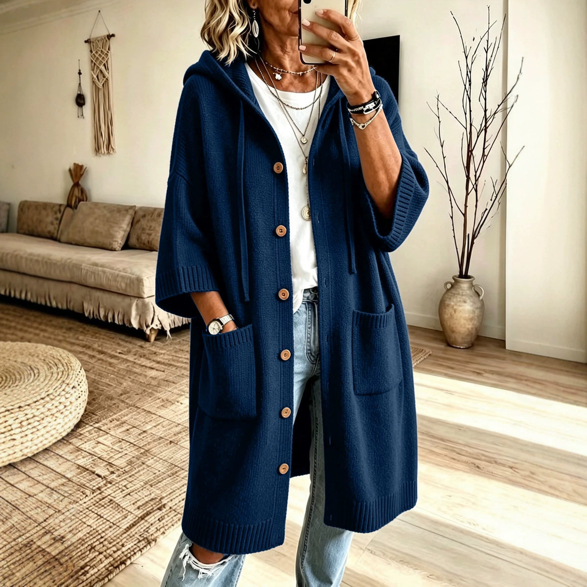 Goddess Cozy Hooded Knit Cardigan Coat - styled look