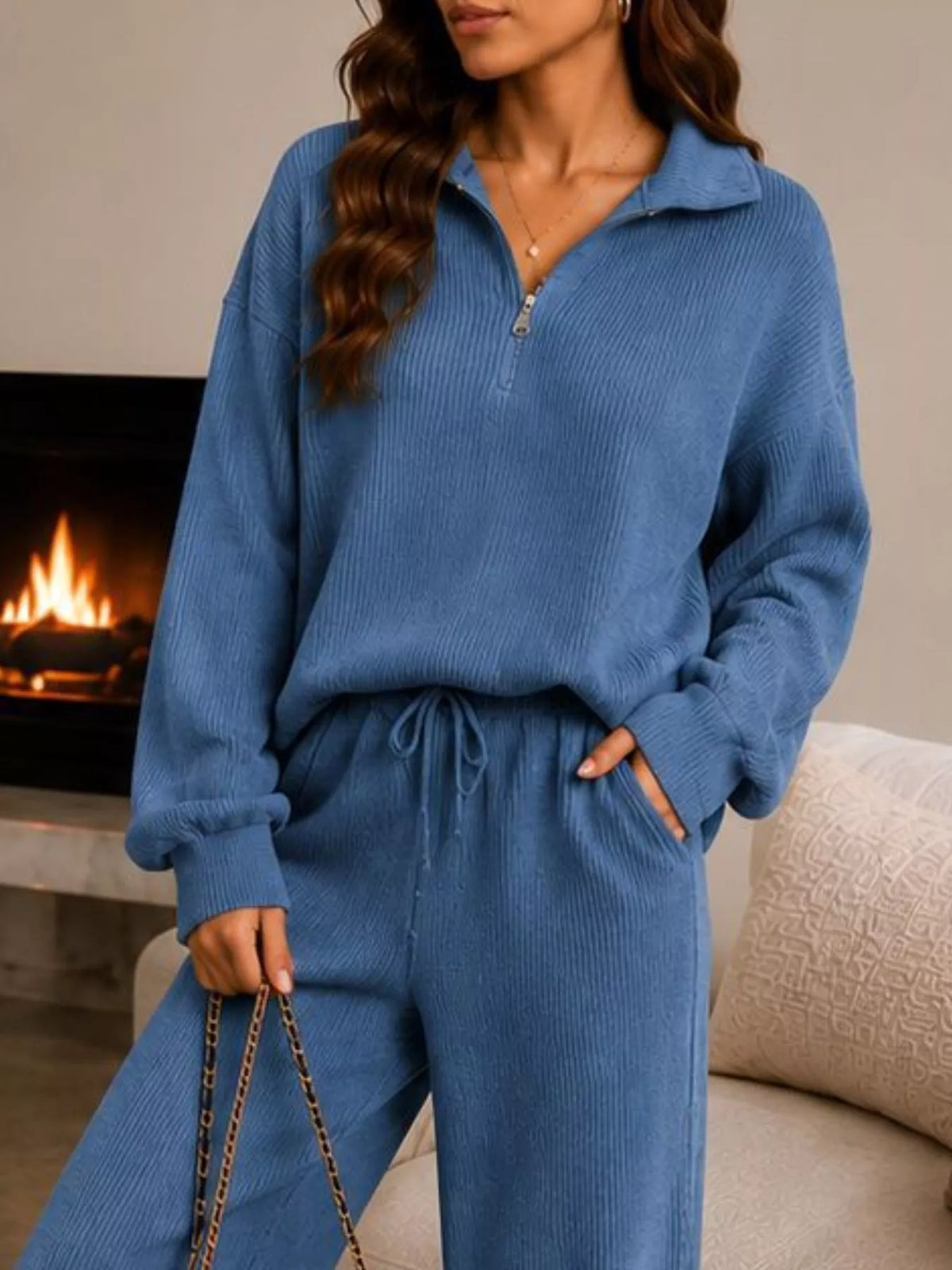 Drawstring wide-leg ribbed pants detail — Willow lounge set