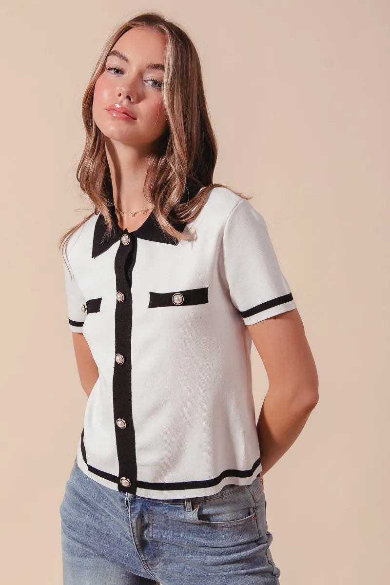 SO ME Ivory Noir Knit Shirt Top in ivory and black — back view