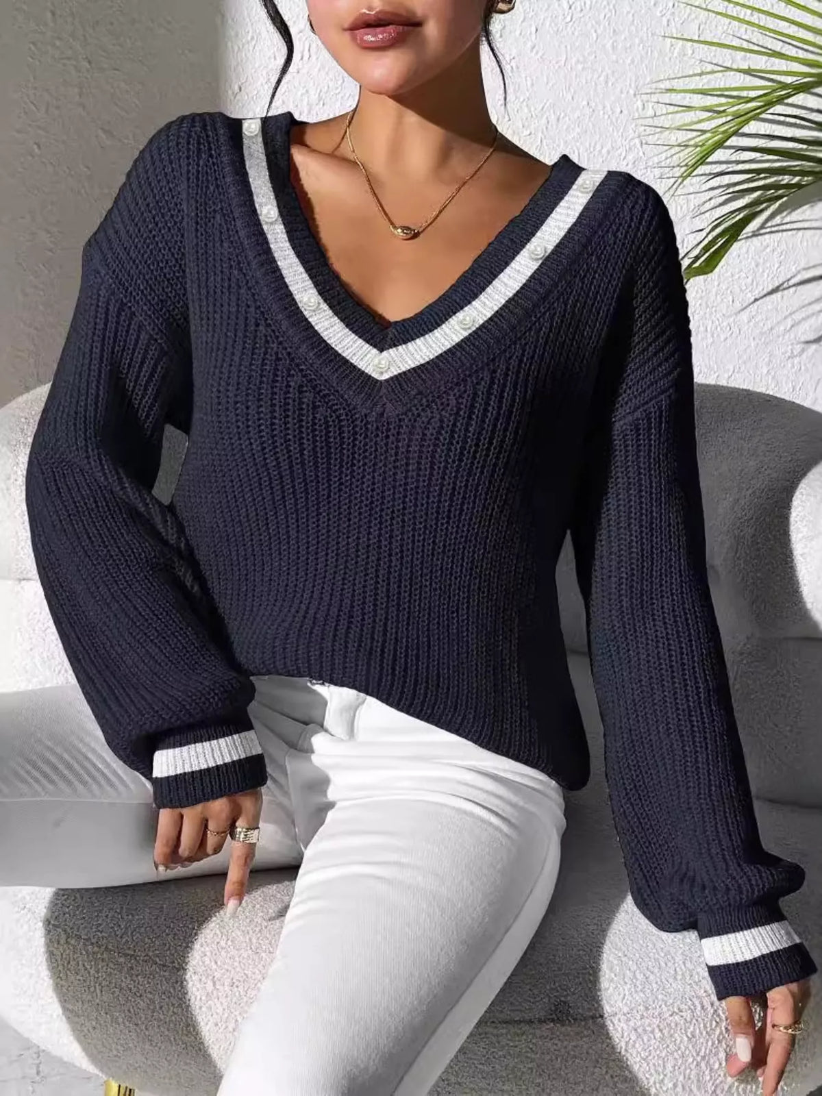 Parisian Muse Pearl-Trim V-Neck Sweater