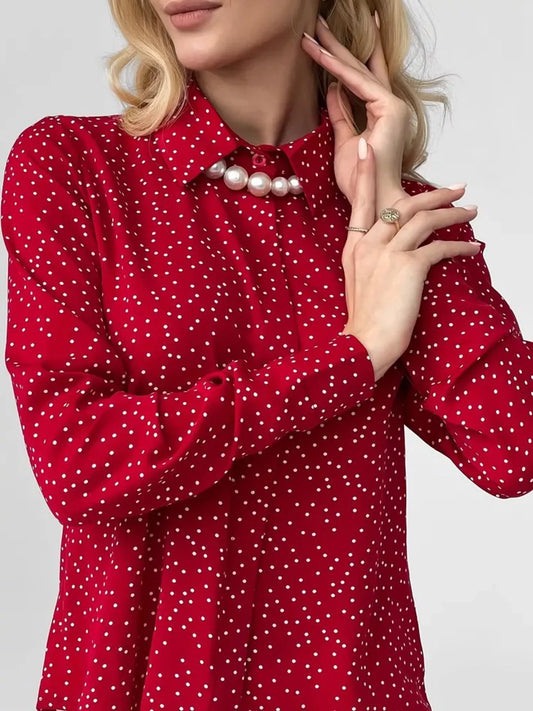 Daydream Button-Up Shirt in red polka dot — front view on model